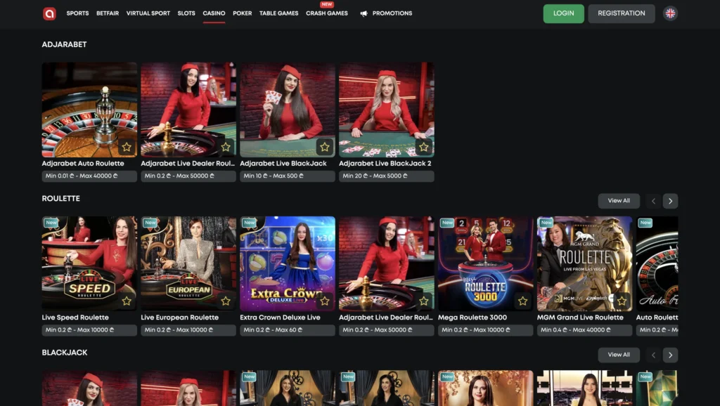 Adjarabet Casino section displaying live casino games with game thumbnails, betting limits and navigation menu.